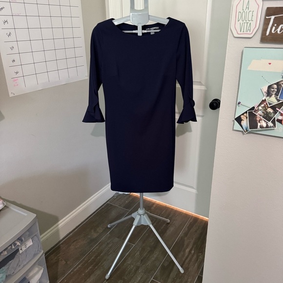 Karl Lagerfeld Paris Women's Navy Blue Tulip Sleeve Crepe Dress - Picture 2 of 8